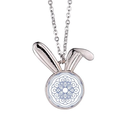 Collier lapin chinois bleu aux détails de fleur bleue en émail de prestige
