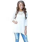 Blooming Jelly Women's 3/4 Sleeve Casual Loose Crochet Lace Tunic Tops Shirt White