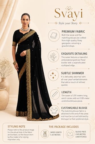 Image of Women's Georgette Embroidery Border Beads work Saree with Blouse Piece