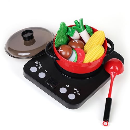 Pretend Play Kitchen Toy Including Janpanese Style Sukiyaki Hot Pot with Electronic Function, Grill Rack, Cooking Utensils, Cut Play Food and Toy Cutlery, Cooking Learning Gift for Girls and Boys