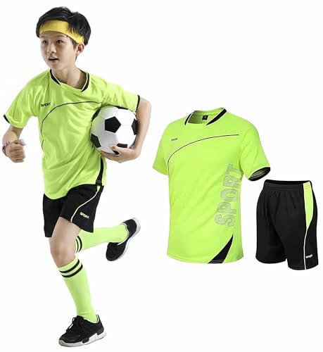 Hikewin Boys Girls Sports Shorts Sets Kids Football Uniform Jerseys Tracksuit Training Suits Activewear Short Sleeve Set Green 6-7Years