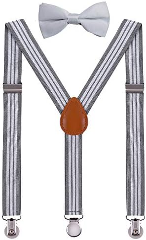 SUNNYTREE Kids' Suspenders Adjustable Y Back with Bow Tie Set 30 inches Gray Stripe