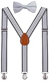 SUNNYTREE Kids' Suspenders Adjustable Y Back with Bow Tie Set 30 inches Gray Stripe