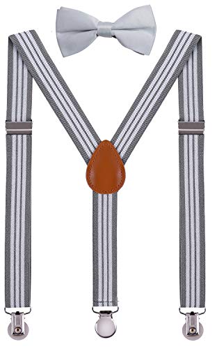 Sunnytree Kids' Suspenders Adjustable Y Back With Bow Tie Set 30 Inches Gray Stripe #TOP3