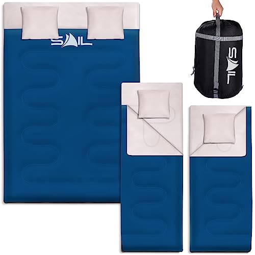 SAIL Double Sleeping Bag with 2 Pillows Extra Large 3-4 Season Lightweight,Waterproof Indoor & Outdoor Use for Adults for Hiking, Backpacking and Camping - Blue