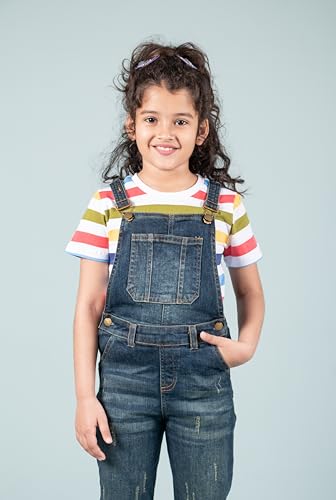 Image of Tweeny Mini Girls Pure Cotton Denim Dungaree for Kids | Relaxed Fit Full Length Overall Outfit with Pockets | Adjustable Straps