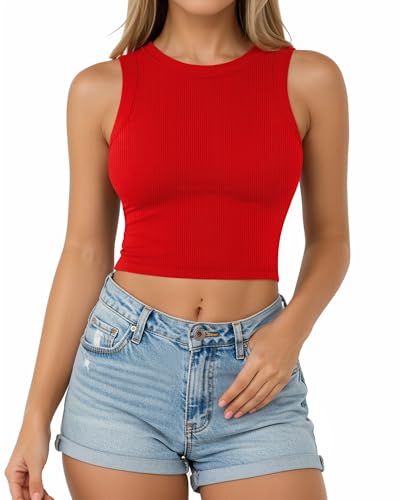CLOZOZ Womens Tank Tops Round Neck Ribbed Sleeveless Crop Tops for Women High Neck Basic Crop Tank Top