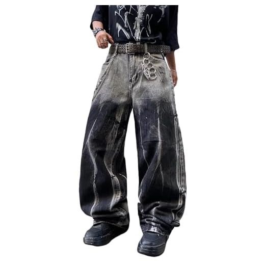 DFGIGT Calça jeans masculina folgada hip-hop com franjas e bordas desgastadas, G20 cinza claro, P