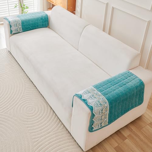 Image of HOKIPO 'BelleLace Series' Imperial Milk Velvet Anti-Slip Sofa Armrest Covers with Lace | 1 Pair - Teal (AR-5961-TEAL*2)
