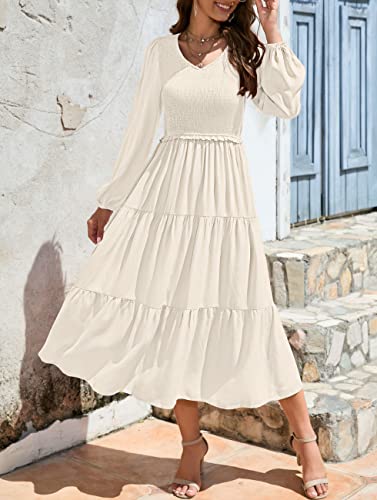 Merokeety Women's Long Sleeve Smocked Fall Dress A Line Tiered Midi Maxi Dress With Pockets,Beige,M #TOP7