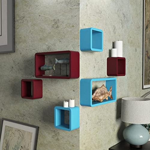 DECORVISTA Cube Shelf Wooden Walls Shelf for Books Storage Home Decor Walls Mounted Display Racks Ledge Organizer for Living Room Set of 6 for Bedroom (RED Sky)