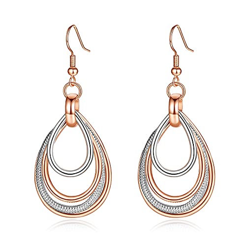 Kemstone Rose Gold & Silver Layered Dangle Earrings for Women – Lightweight Chandelier Teardrop Earrings – Hypoallergenic Fashion Jewelry Gift