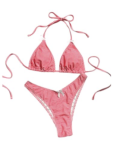 GORGLITTER Women's Gingham Bikini Set Bow High Cut Thong Halter Triangle Top Cheeky Cute 2025 Swimsuit Bathing Suit