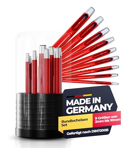 Paffrath® Rundlocheisen-Satz Rot (9-tlg.) - Hochwertiges Stanzwerkzeug für Pappe, Leder und mehr - Präzises Stanzen von 2-10mm in 1mm-Schritten - Ideal für Handwerker - Lochstanzer Set