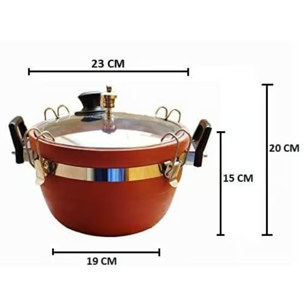 Image of Traditional Clay Pressure Cooker, Terracotta Red, 3 Litre Capacity with Stainless Steel Locking Ring and Whistle, Natural Earthenware for Family Cooking, 23x19x15 cm