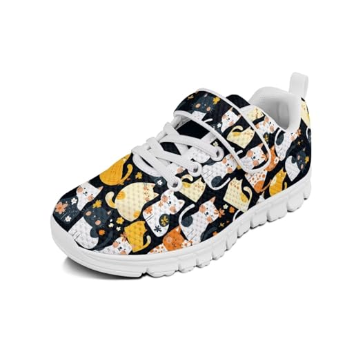 Boys Girls Sneakers Kids Shoes Unisex Lightweight Breathable Athletic Running Tennis Fitness Shoes for Little Kid/Big Kid Cats Pattern（White Sole）