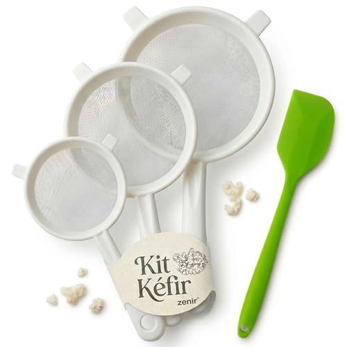 Zenir Kit 3 Colador Kefir Plastico + Cuchara de Silicona | Colador Plastico Para Kefir Para Preparar Kéfir Casero | Kefir kit Compatible con Kefir De Leche y Kefir de Agua. 12 14 16cm de Diametro