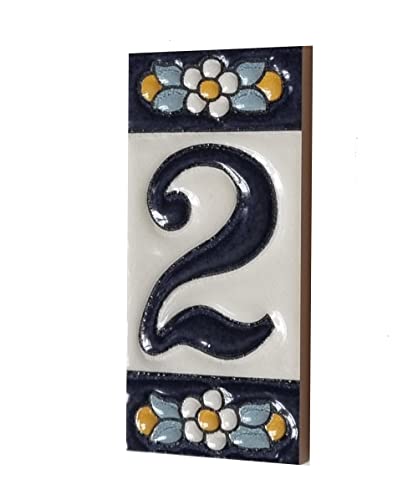 Piastrelle in ceramica con numeri e lettere, motivo floreale blu, dimensioni delle piastrelle: 7,5 cm x 3,5 cm (numero 2)