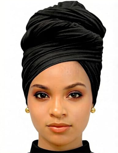 Harewom Black Hair Wrap for Women Long Stretch Jersey Head Scarf Summer Breathable Lightweight...