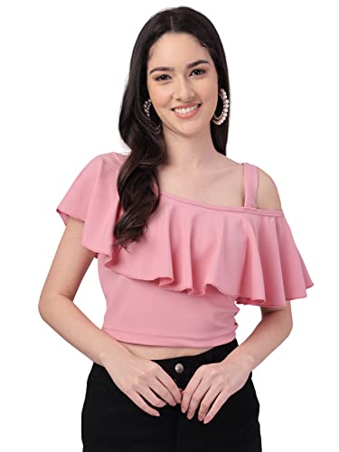 Image of Mehrang Women's Casual Solid Flared Crop Top Round Neck Stretchable Blend for Women /Top for Girls