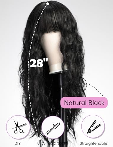 WOKESTAR Long Wavy Natural Black Wigs for Women Heat Resistant Natural Hair with Fringe - Image 4