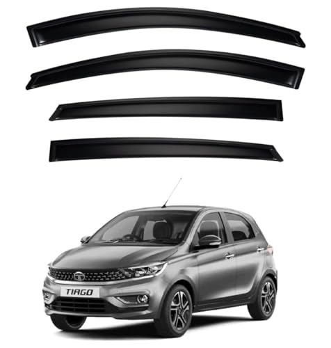 Image of Premium Smoke Car Door Visor Front+Rear Sun /Rain Guard Outside Mount Tape-On Window Visors Compatible with Tata Tiago (2025-2026)