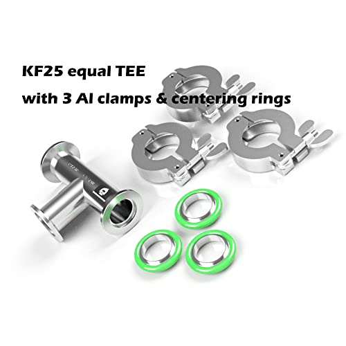 Image of bmotiontech superior grade ISO-KF NW25 KF25 Flange Tee Fitting with 3 sets of Aluminum wing nut clamps & O-rings (KF25 equal TEE w / 3 clamps)