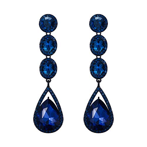 Flyonce Wedding Bridal Rhinestone Crystal Multi Teardrop Pierced Dangle Earrings Navy Blue Black-Tone