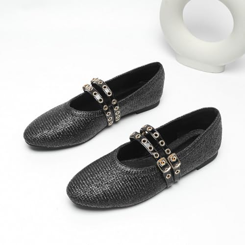 Betastella Womens Raffia Mary Jane Flats Double Strap Round Toe Ballets Comfortable Ballerina Flat Shoes2