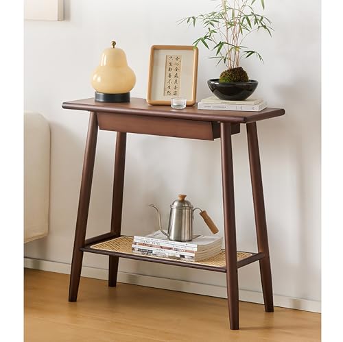 Mesa consola de bambú con cajón y estante de ratán, estilo rústico para entrada, pasillo, sala de estar y almacenamiento de oficina