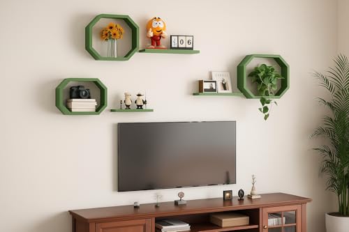 Image of Wall Mounted Floating Shelves Set of 6, Multipurpose Display, Book, Storage & Decor Shelves, Octagon Shape Wooden Wall Shelf for Living Room, Bedroom, Kitchen (Green)