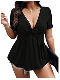 SOLY HUX Women's Plus Size Twist Front T Shirts Cute Peplum Tops Pure Black