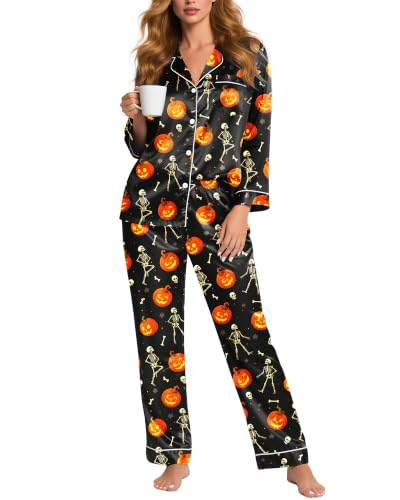 Image of Silky Pajamas for Women 2 Piece Long Sleeve Pj Sets Women's Satin Sleepwear Button Down Loungewear Set