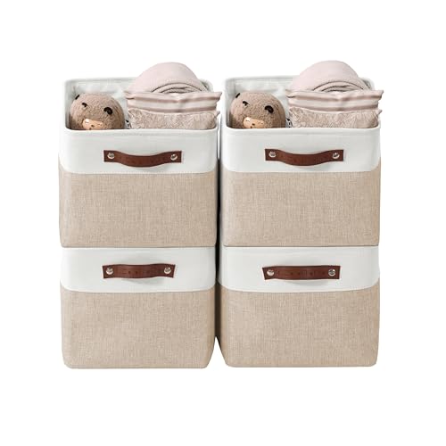 Image of DECOMOMO Foldable Storage Bin Collapsible Sturdy Cationic Fabric Storage Basket Cube W /Handles for Organizing Shelf Nursery Home Closet (Beige and White, Large - 15 x 11 x 9.5-4 Pack)