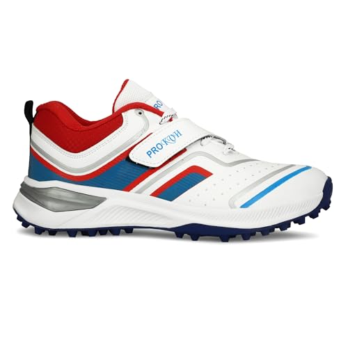 Image of PRO KVH Plus 2.0 Cricket Shoes for Men's White Red Orange Blue - Fast Strap Rubber Spikes, Lightweight,Performance, Comfort, and Durability Shoe for All-Round Performance