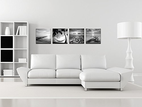 Sechars - Black And White Beach Wall Art Seascape Painting Sunrise Scenery Picture Giclee Canvas Print Framed For Living Room Bedroom Bathroom Home Office Wall Decoration #TOP1