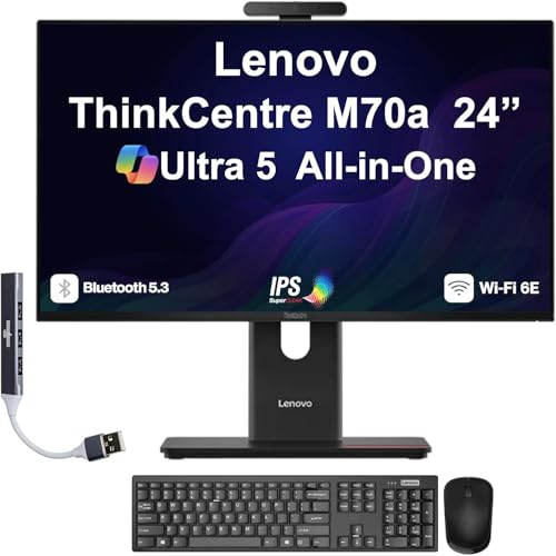 Image of Lenovo ThinkCentre M70a Business All-in-One 24 inch IPS FHD Display (Intel Ultra 5 245T vPro, 64GB DDR5, 4TB PCIe SSD, Intel Graphics, WiFi 6E, Webcam, Bluetooth 5.3, Win 11 Pro) w /DKZ USB Port Expander