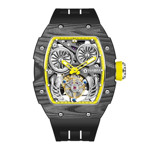 Haofa トゥールビヨン 自動巻き 腕時計メンズ 機械式時計 チタンマグネシウム合金 炭素繊維 スケルトン腕時計 スポーツ時計 樽型 トノー型 二重駆動 ビジネス ファッション 男性プレゼント 防水