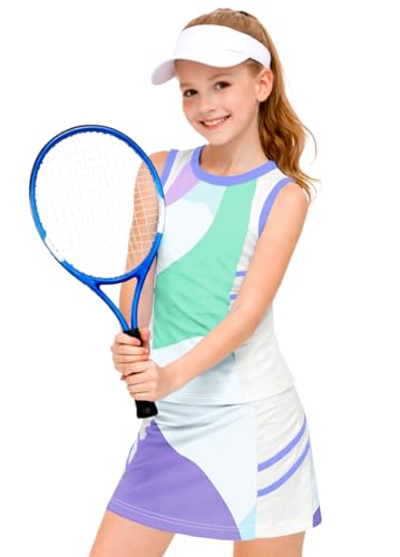 Image of AOBUTE Girls Tennis Golf Outfit Tank Top and Skirt with Shorts Set 4-12 Years
