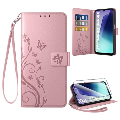 Coiwxmoi Funda para Xiaomi Redmi 14C + 1 Cristal Templado, Diseño Retro Premium PU Piel Carcasa, Plegable Tarjetas Magnético Carcasa Case para Redmi 14C, Oro Rosa