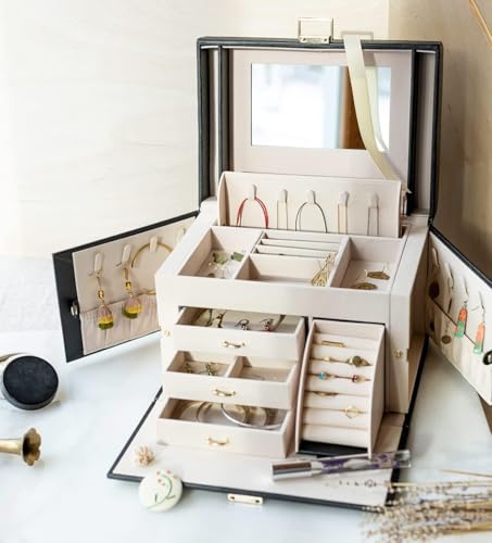 Image of KRISHYAM Jewelry Box, 4 Layer Leather Jewelry Boxes, Jewelry Organizer with Mirror and Lock for Girls Women Bracelets Rings Necklaces Earrings (Black)