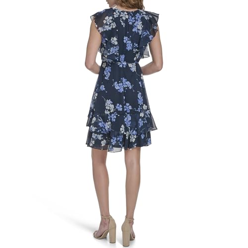 Image of Tommy Hilfiger Women's Sleeveless V-Neck Ruffle Trim Tie Waist Chiffon Mini Dress