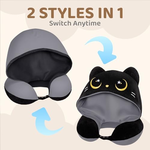 Image of Mewaii Travel Neck Pillow, Airplane Pillow with Hood, Memory Foam, Gray | Neck Support, Reversible, Adjustable Strap, Washable Cover, Cat-Ear Hood, Storage Bag, for Flights, Adults & Teens