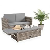Melko Gartenset Polyrattan Lounge Sofa-Garnitur aus Holz in Grau mit klappbarer Fußbank & Stauraum, Tisch inklusive Kissen
