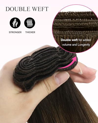 Image of YoungSee Sew in Human Hair Extensions Balayage Hand Tied Weft Hair Extensions Human Hair Sew in Extensions Chocolate Brown with Light Mix Golden Brown Balayage Straight Hair Bundle 16Inch 100G