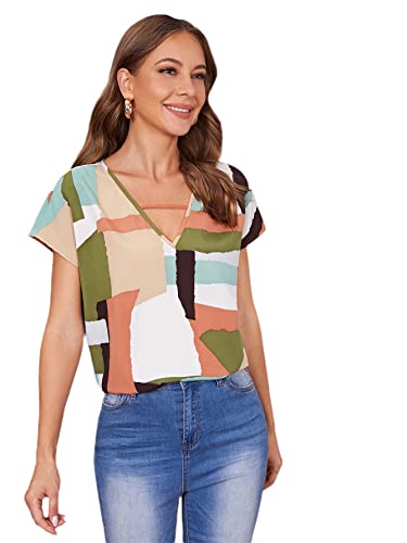 Floerns Women's Summer Choker V Neck Short Sleeve Blouse Top Green M #TOP18