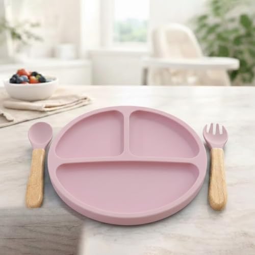 Image of BabyGo Silicone Suction Plate with Spoon for Babies | Microwave, Dishwasher & Freezer Safe | Unbreakable Feeding Plate with 4 Suction Cups for Babies & Toddlers | BPA-Free (Pink)