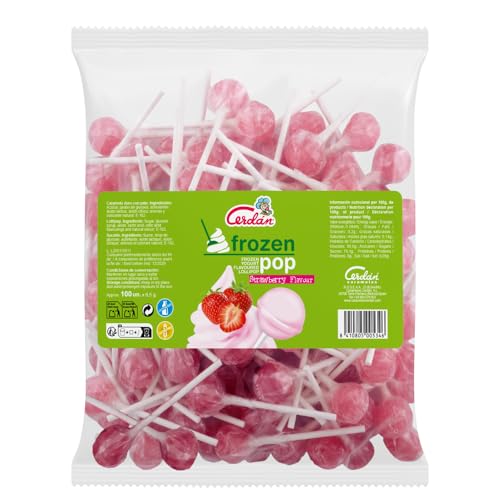 Caramelos Cerdán - Caramelo con Palo Sabor Yogur de Fresa Frozen Pop | Caramelo Duro Sin Gluten ni Alérgenos | Bolsa de 100 Unidades | Ideal para Fiestas, Eventos y Cumpleaños
