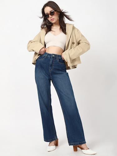 Image of Bewakoof Women's 100% Cotton Straight Fit Jeans | Jeans for Woman | Pants for Woman | Classic Denim Pants | Everyday Casual | Utility Streetwear | Lightweight & Flexible | Straight Pants for Women