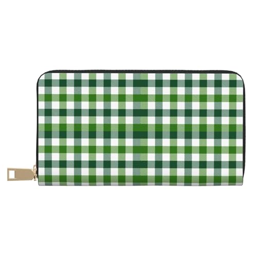 Green Gingham Plaid Checkered Print Wallet Women, Leather Bifold Multi Card Wallet, Long Purse Women's Wallets